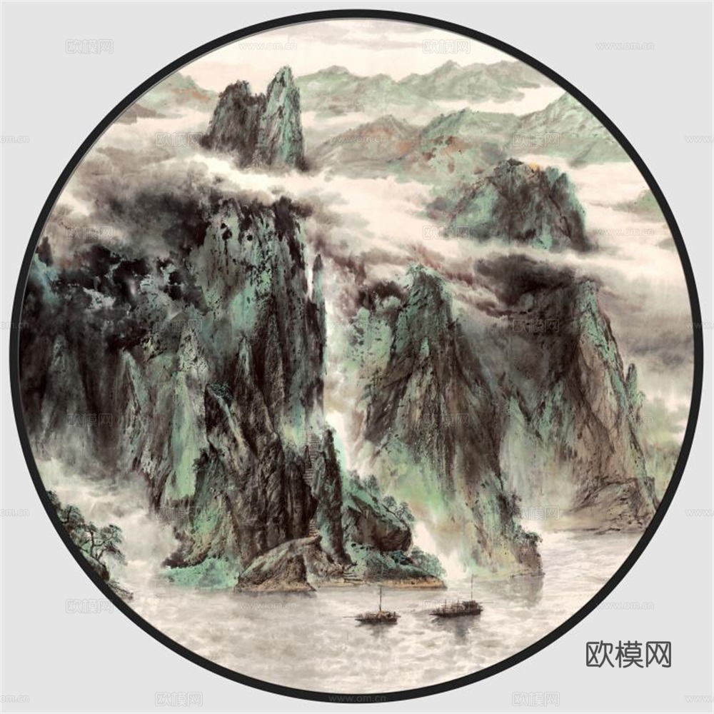 新中式圆形水墨山水装饰画壁画