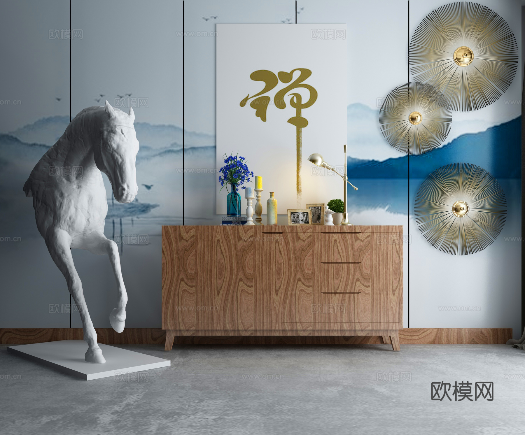 现代中式端景柜 马雕塑3d模型