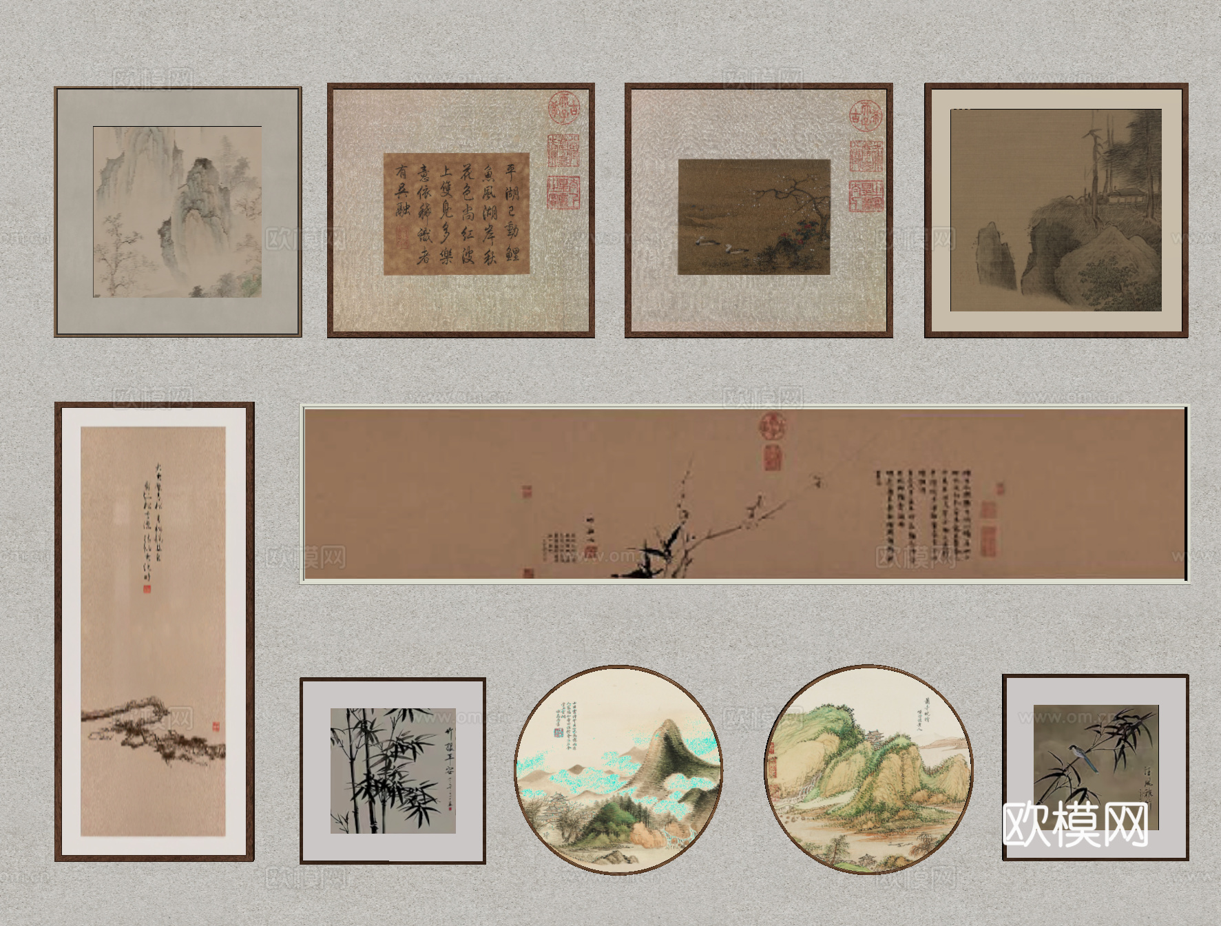 新中式挂画组合 装饰画 字画 国画 山水画su模型