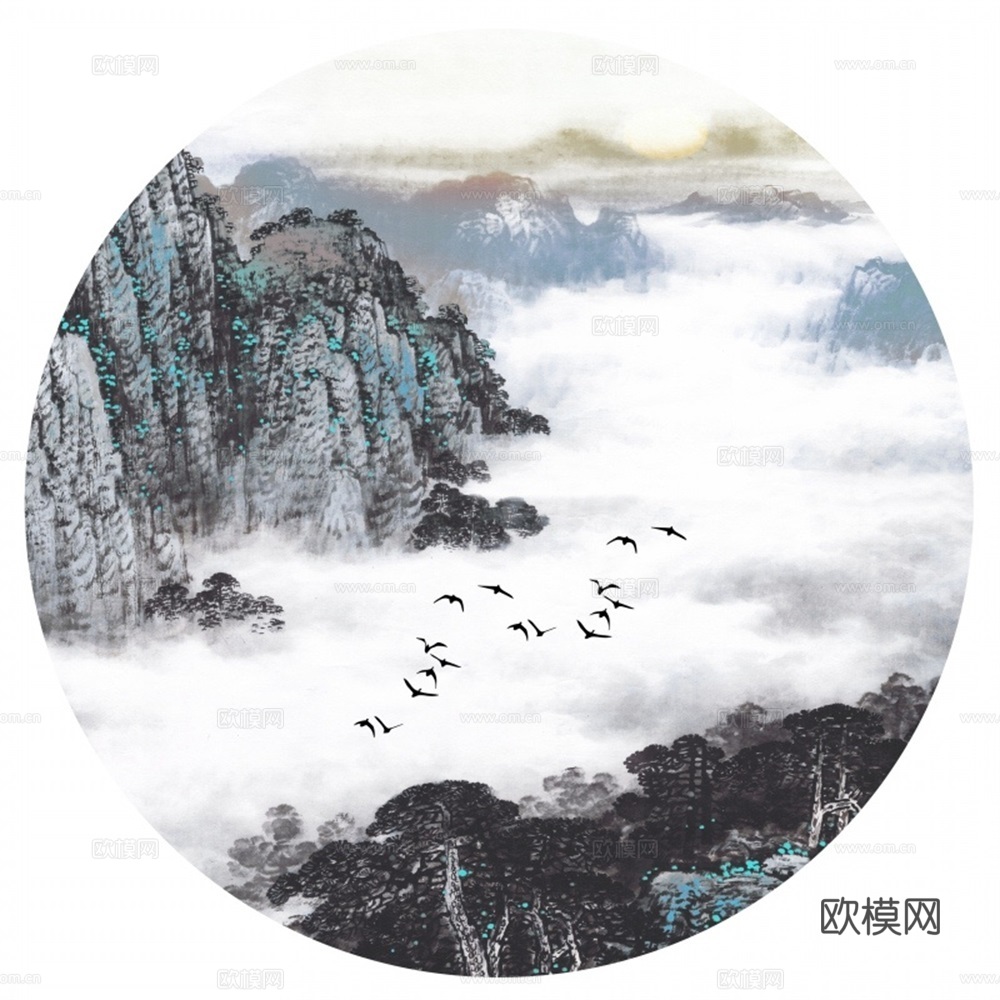 新中式圆形水墨山水装饰画壁画