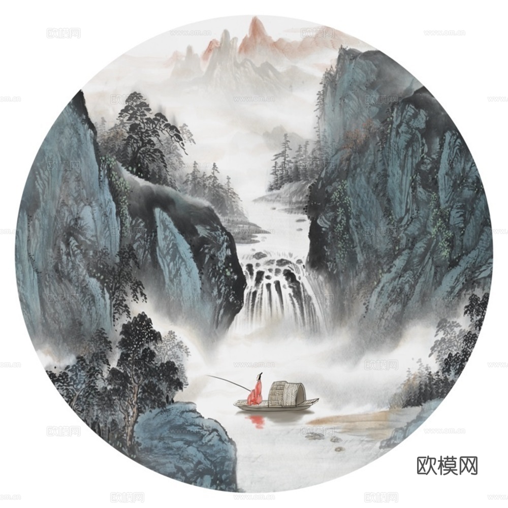 新中式圆形水墨山水装饰画壁画