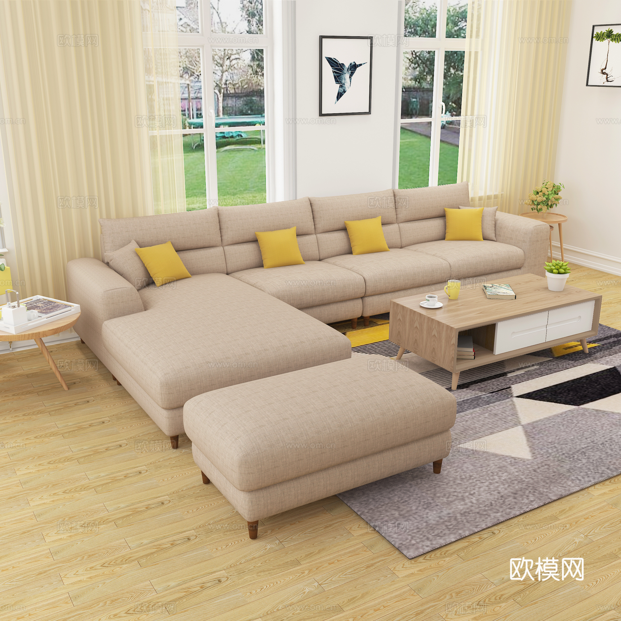 北欧客厅沙发茶几组合 多人沙发，贵妃沙发3d模型