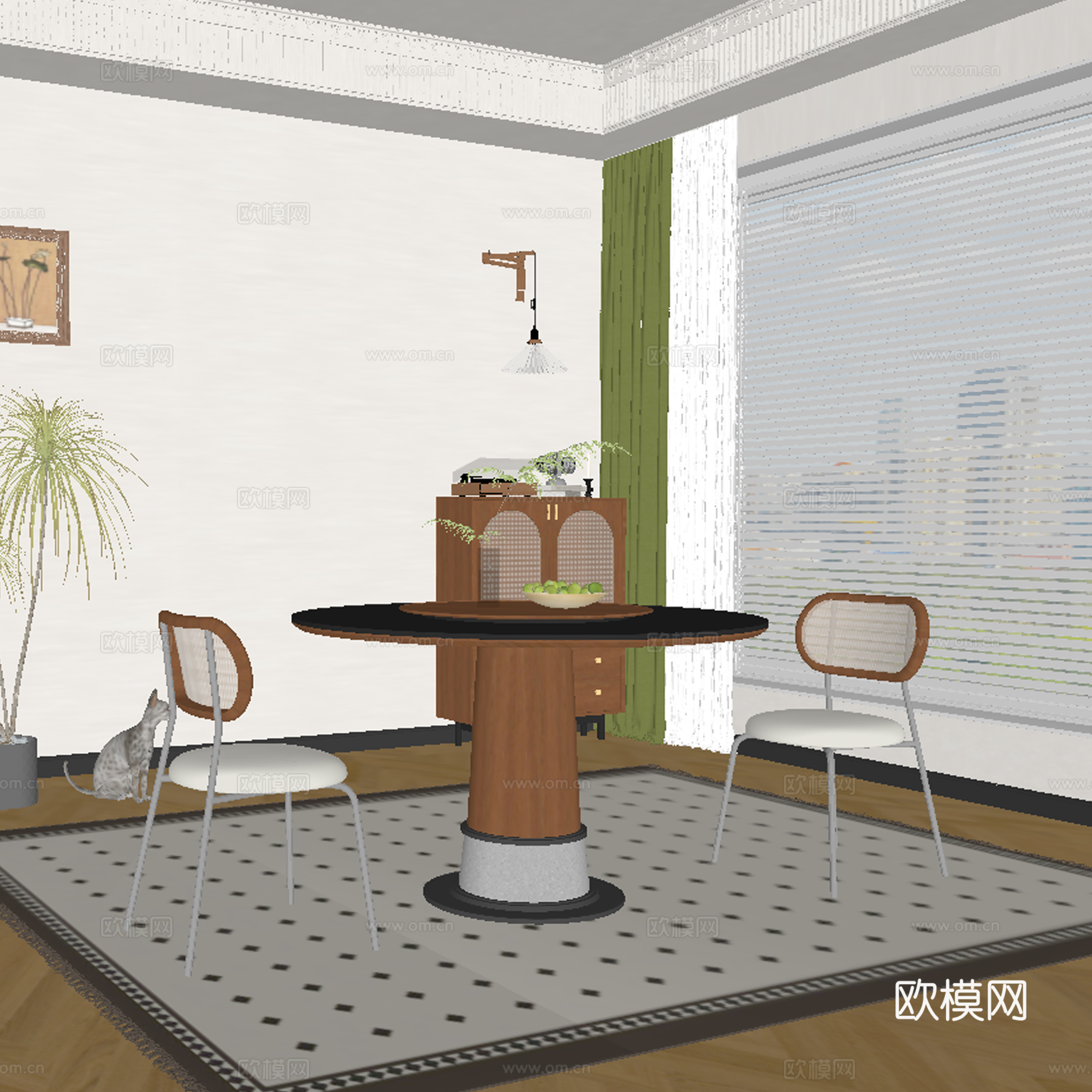 现代中古风餐厅 餐桌椅su模型