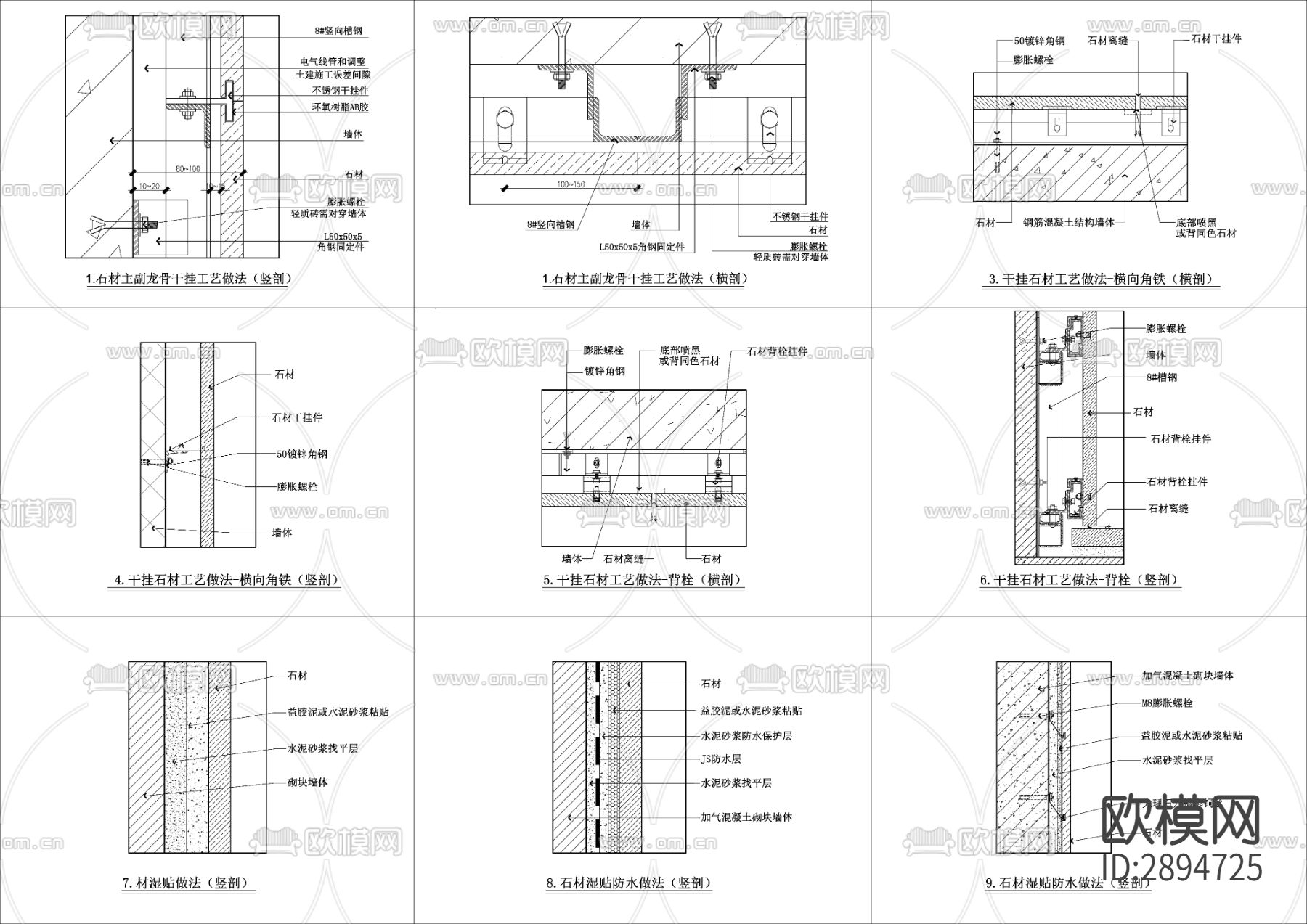 常用的石材施工及收口cad大样图下载（渲染图1）