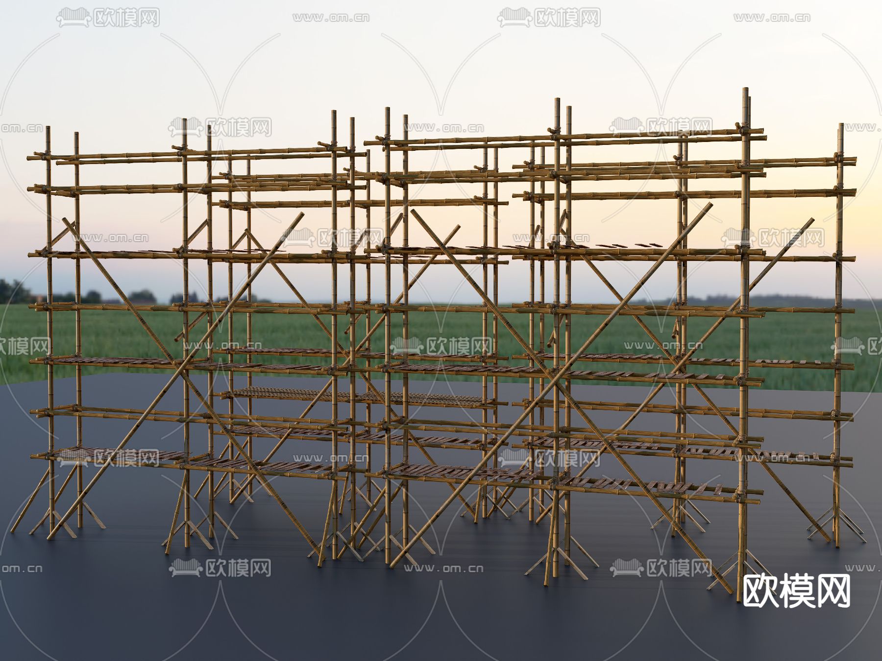 竹排栅 建筑脚手架 建筑安全棚架su模型下载（渲染图1）