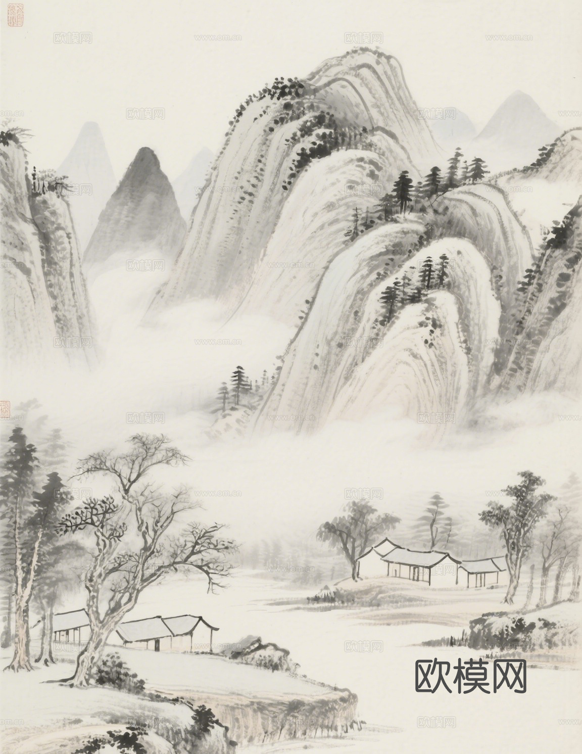 中古侘寂宋代美学山水国画 山峰云雾围绕水墨山水画