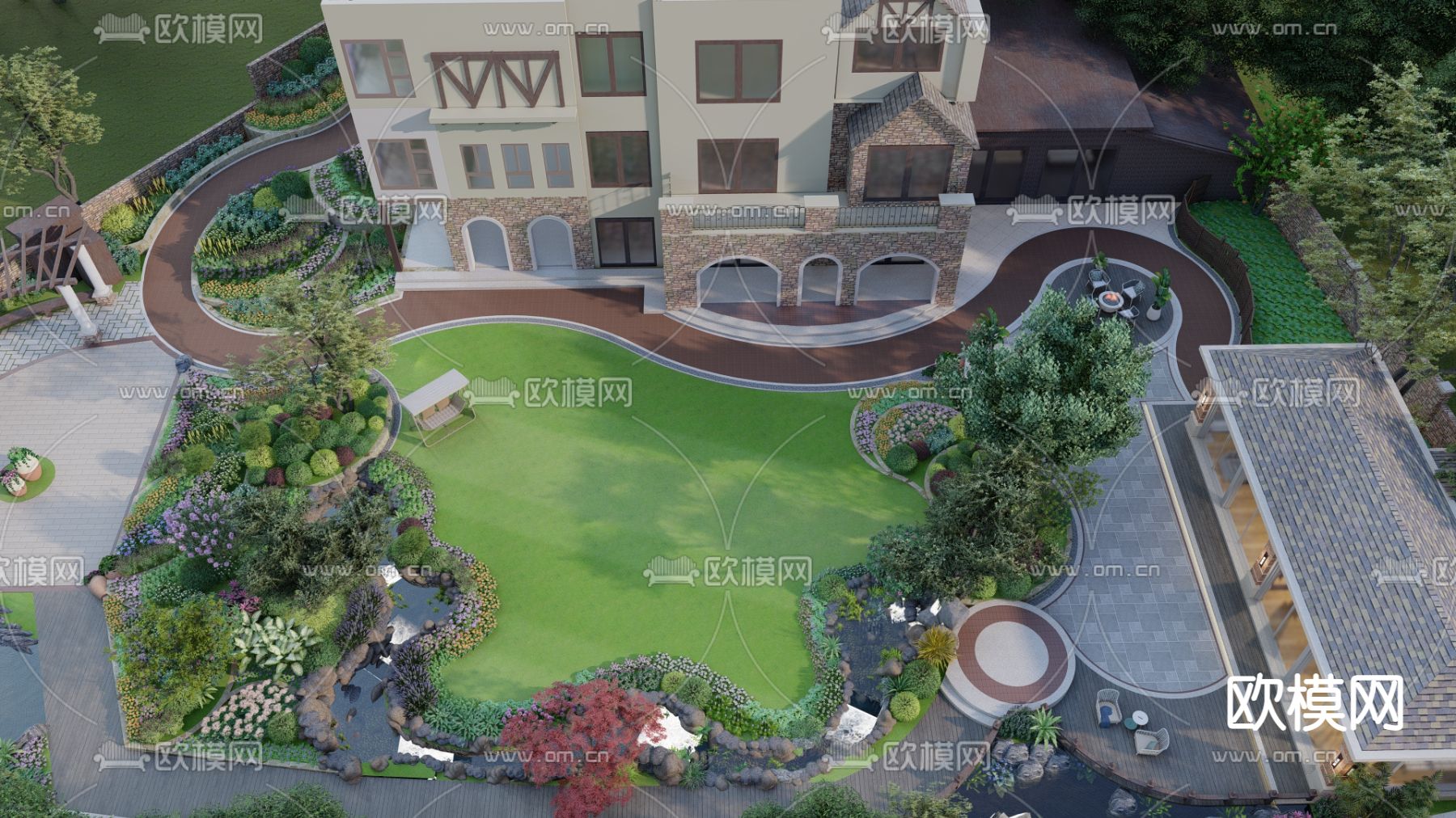 别墅庭院 阳台花园su模型下载（渲染图3）