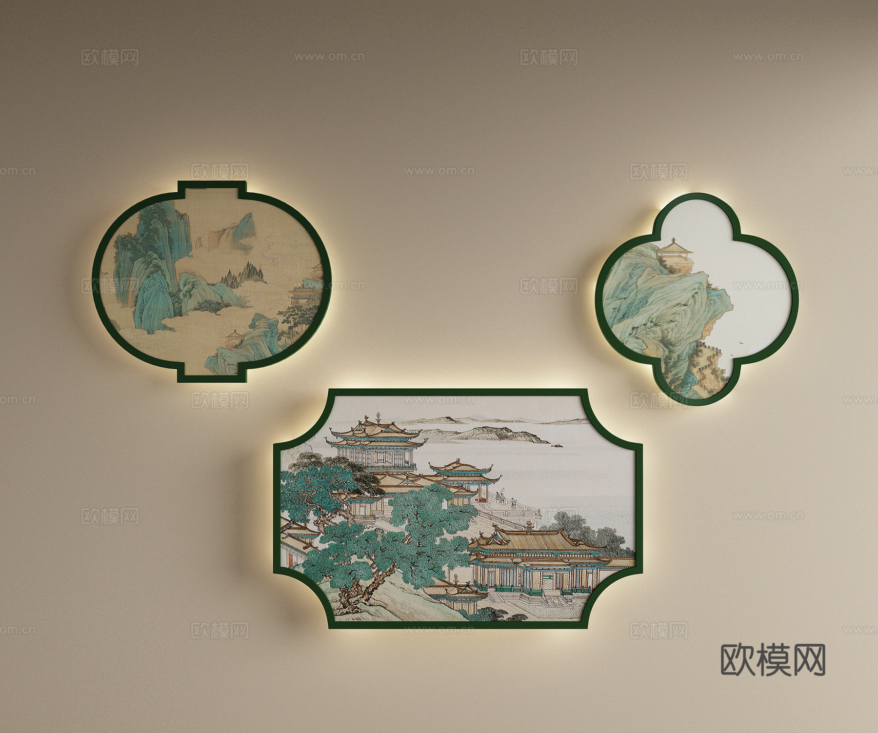 新中式挂画 山水挂画 挂画组合 壁灯 墙饰挂件 禅意挂画3d模型