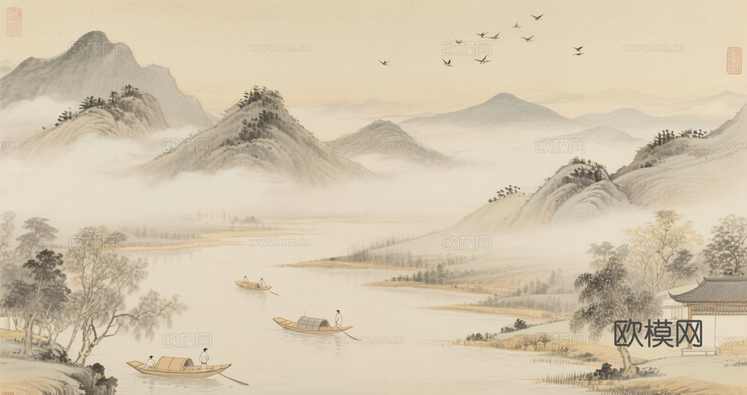中古侘寂宋代美学山水国画 山峰云雾围绕水墨山水画