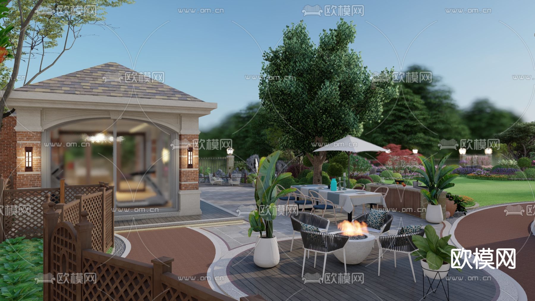 别墅庭院 阳台花园su模型下载（渲染图2）