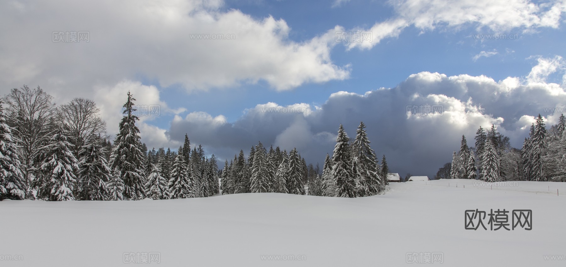 积雪森林 覆雪小屋 蓝天云层 雪景户外外景