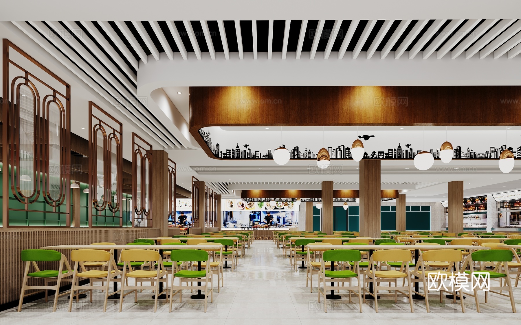 现代食堂餐厅餐桌餐椅吊灯饭堂快餐大厅3d模型