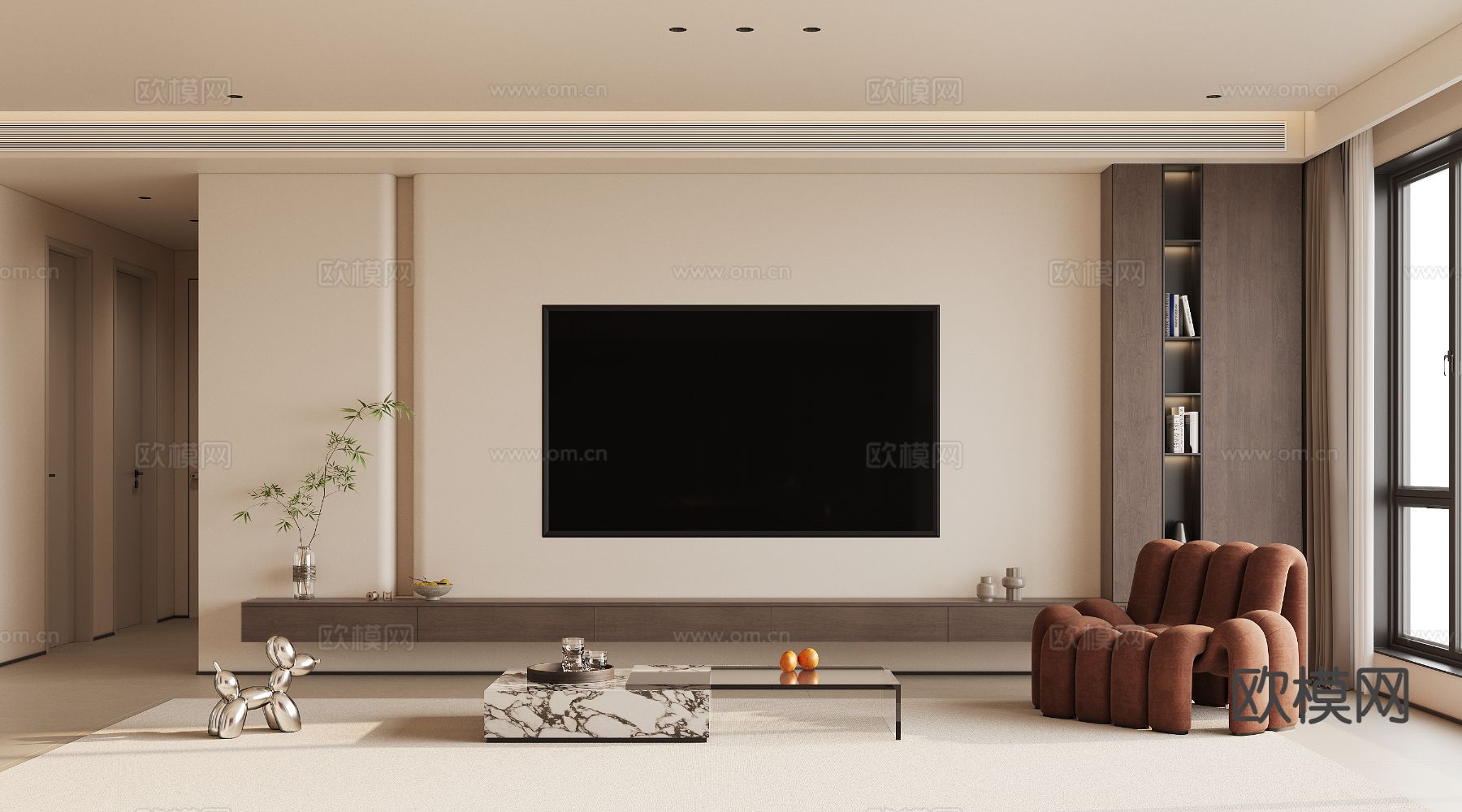 现代电视墙 背景墙3d模型下载（渲染图1）