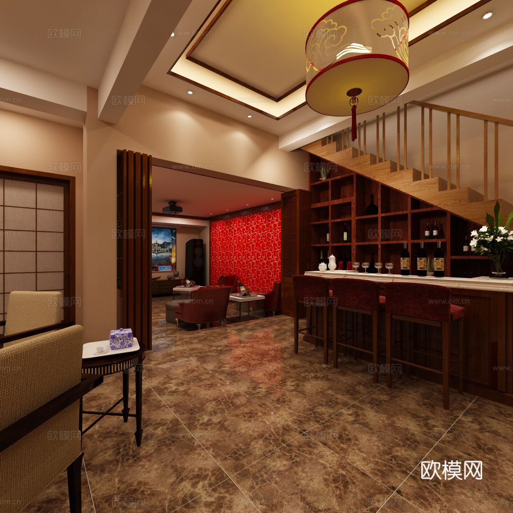 新中式地下室麻将室影音室水吧台3d模型