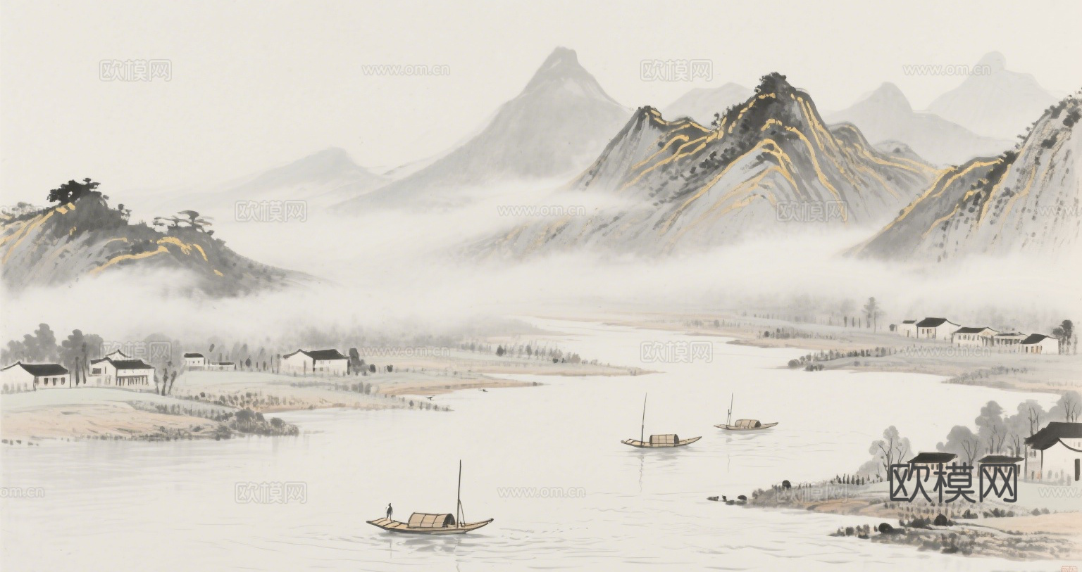 中古侘寂宋代美学山水国画 山峰云雾围绕水墨山水画