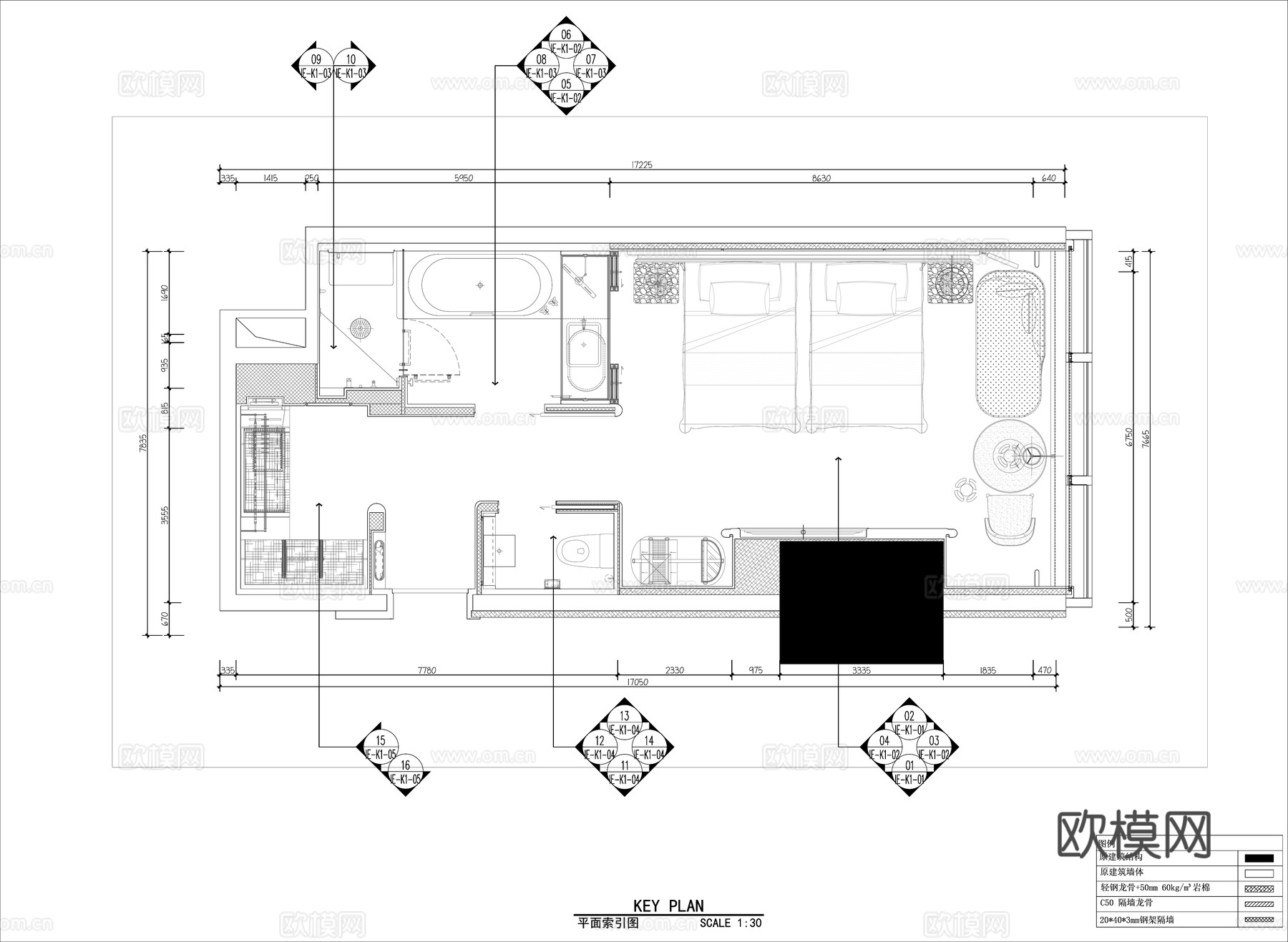 酒店标准双人床施工图  平立面施工图cad施工图