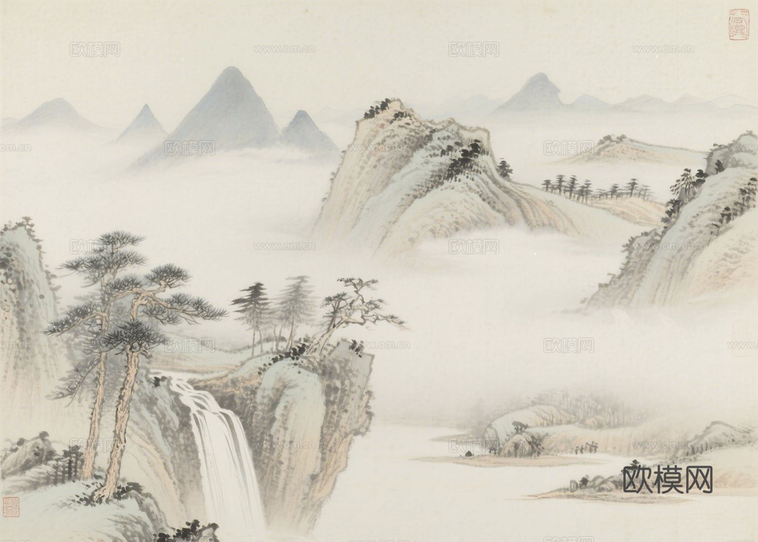 中古侘寂宋代美学山水国画 山峰云雾围绕水墨山水画