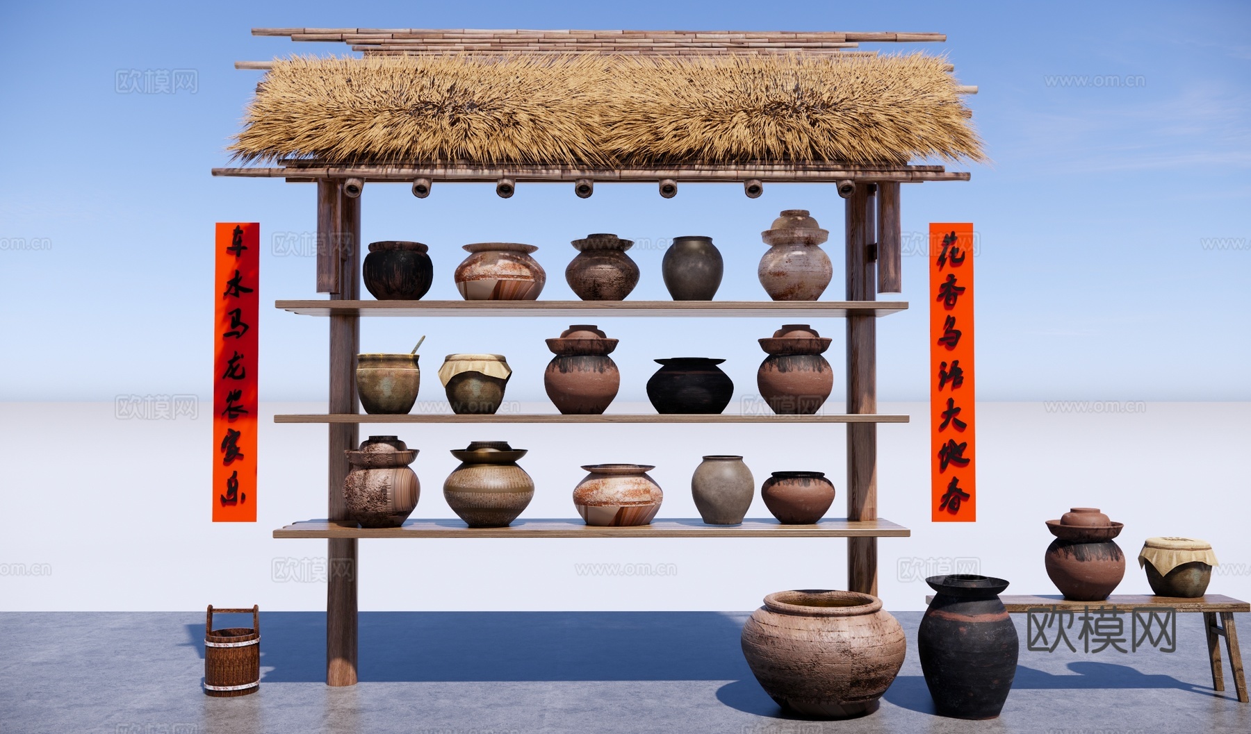 中式庭院小品 中式罐子木架 陶罐小品 园艺小品 陶盆 器皿摆su模型