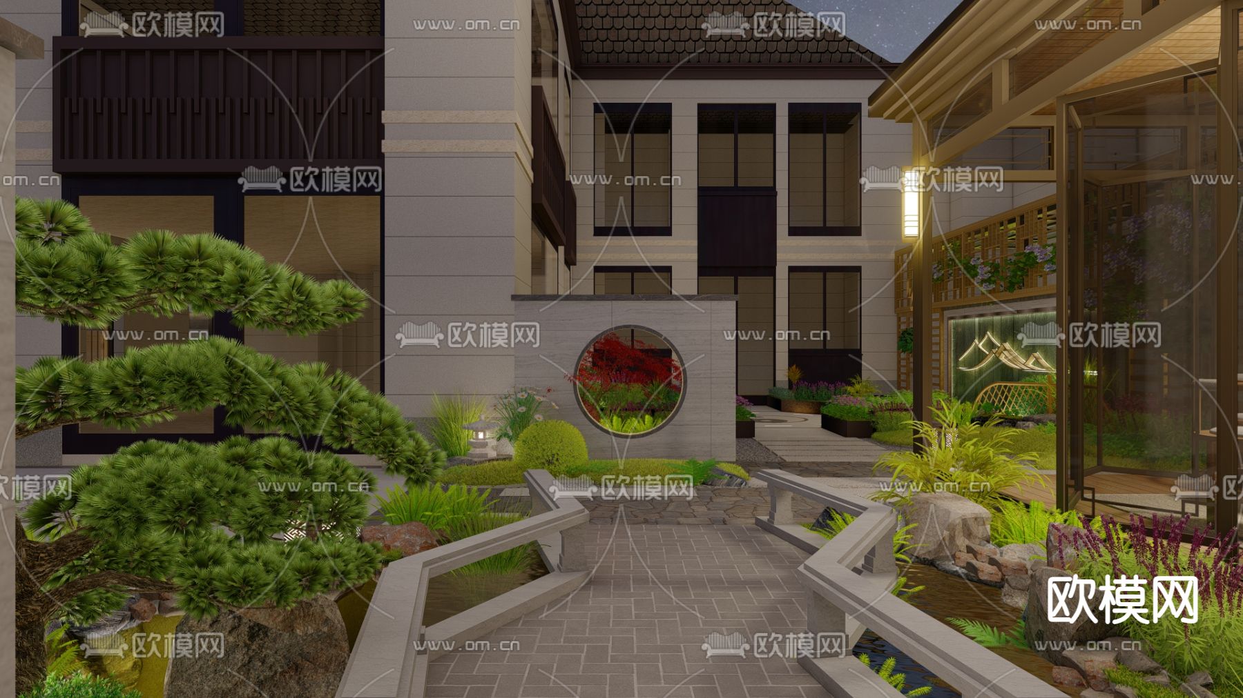 新中式花园 庭院景观su模型下载（渲染图2）
