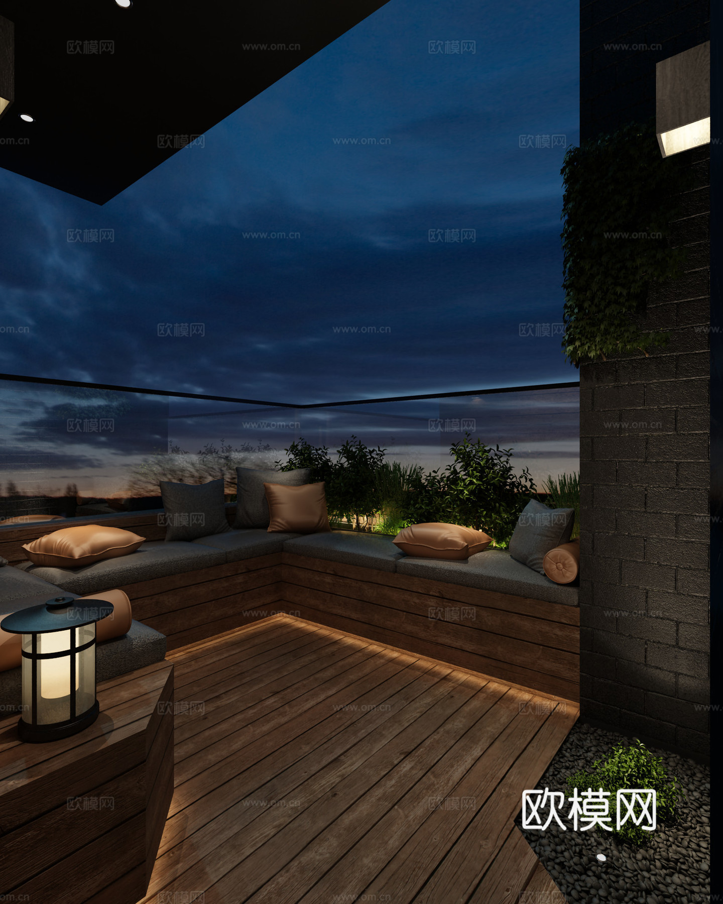 现代阳台景观 夜景 露台 花园 植物  卡座  防腐木3d模型