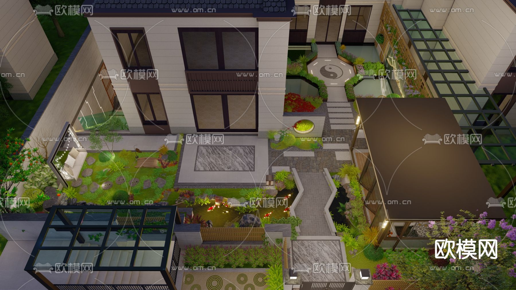 新中式花园 庭院景观su模型下载（渲染图5）