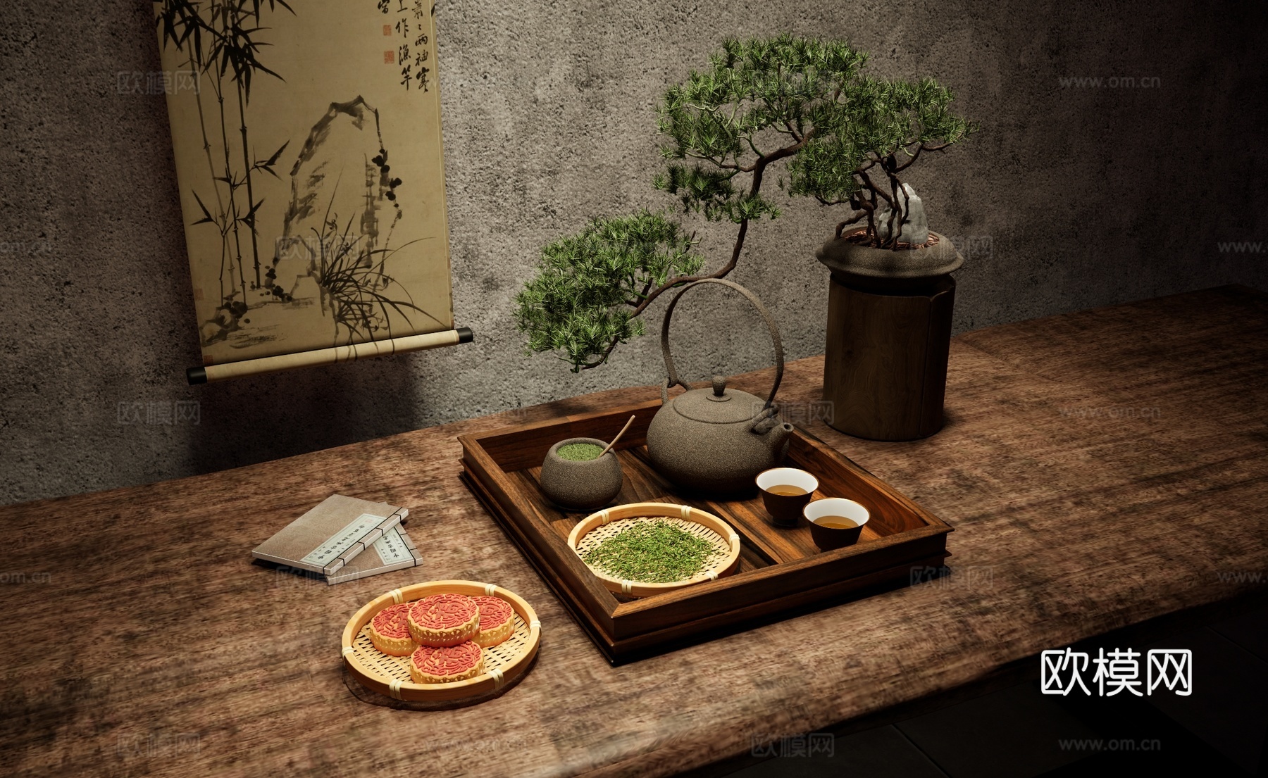 新中式茶室茶具 茶几摆件 茶壶 茶杯 茶叶茶罐 中式点心 月su模型