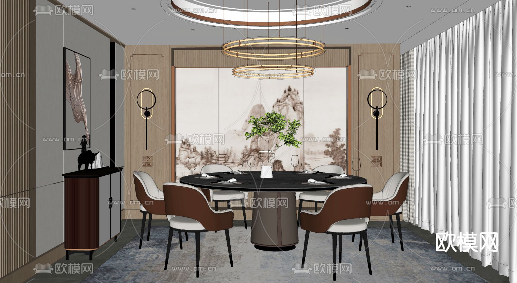 新中式餐厅包间 包厢su模型下载（渲染图1）