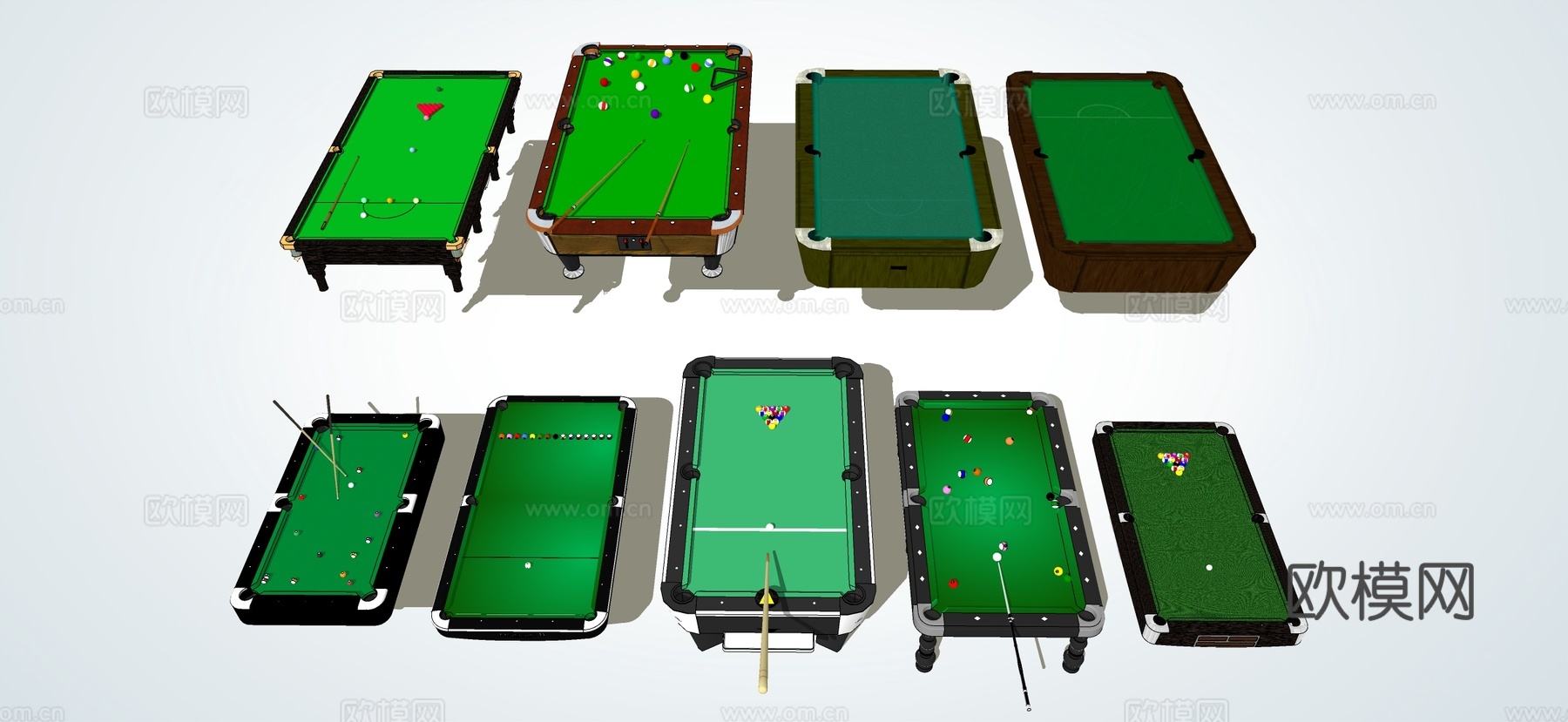 现代台球桌 桌球 球杆su模型下载（渲染图1）