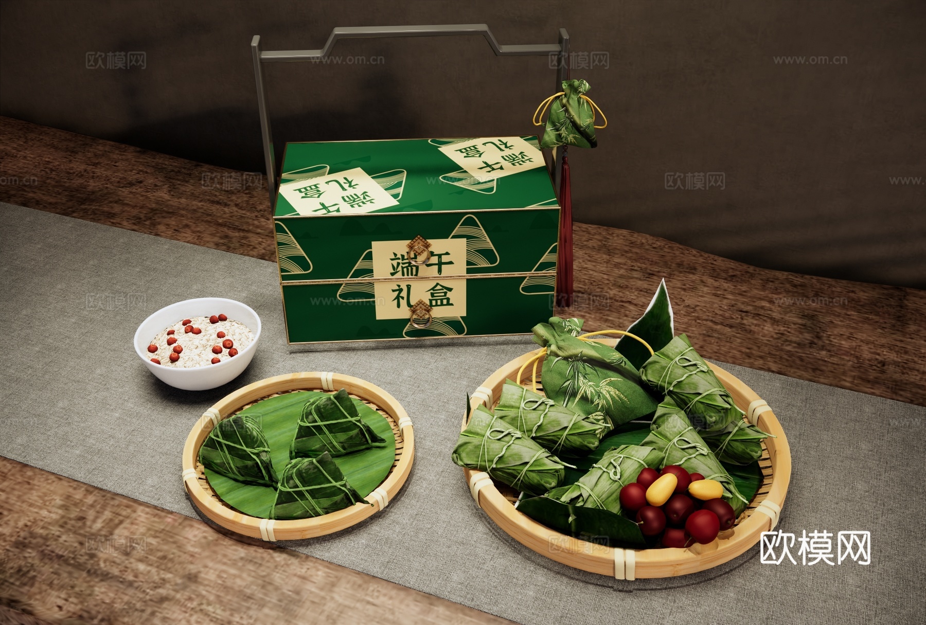 端午节礼盒 中式食盒 粽子 三角粽 中式糕点 竹叶竹簸箕su模型