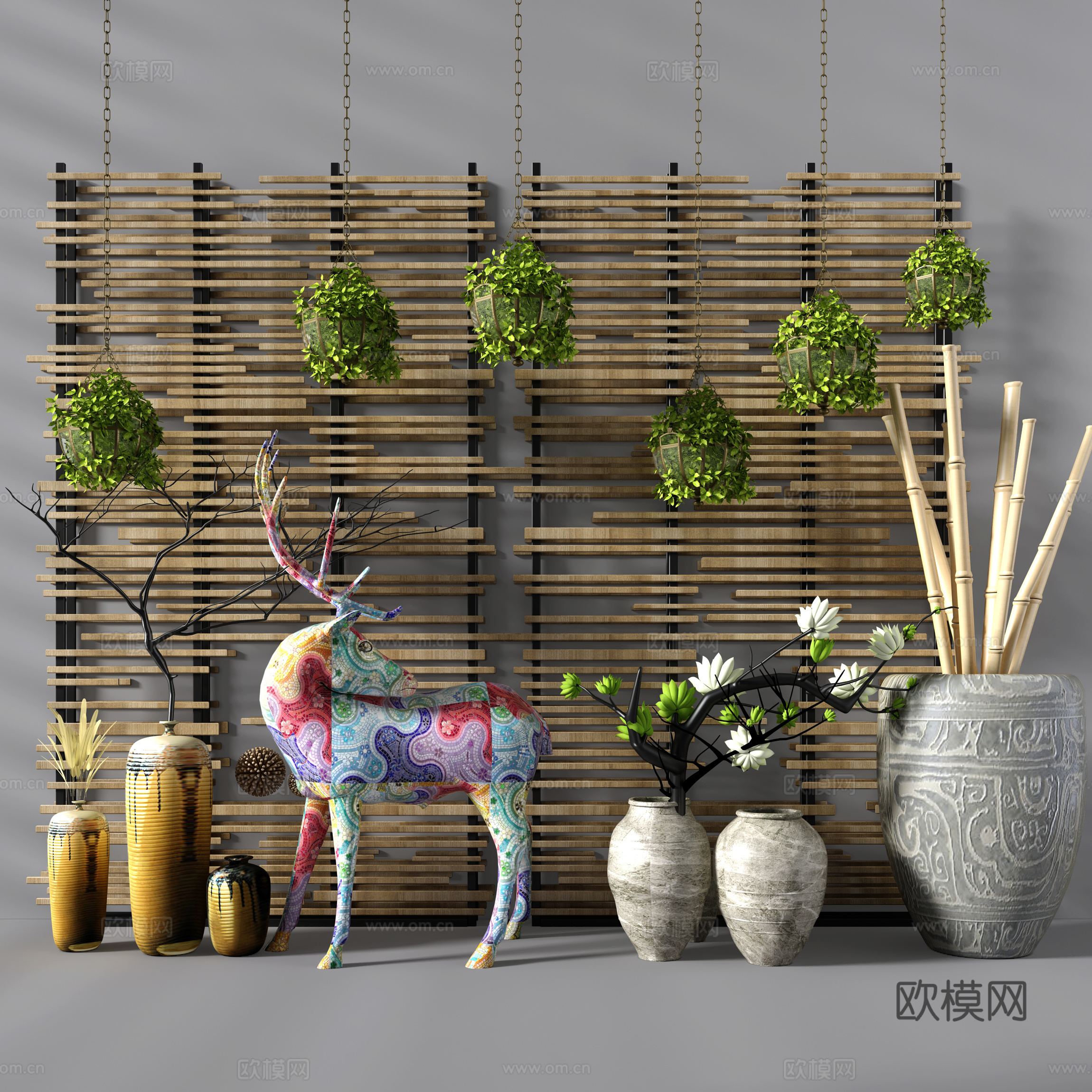 新中式摆件 隔断 景观墙 背景墙 装饰墙 工业风木质隔断3d模型
