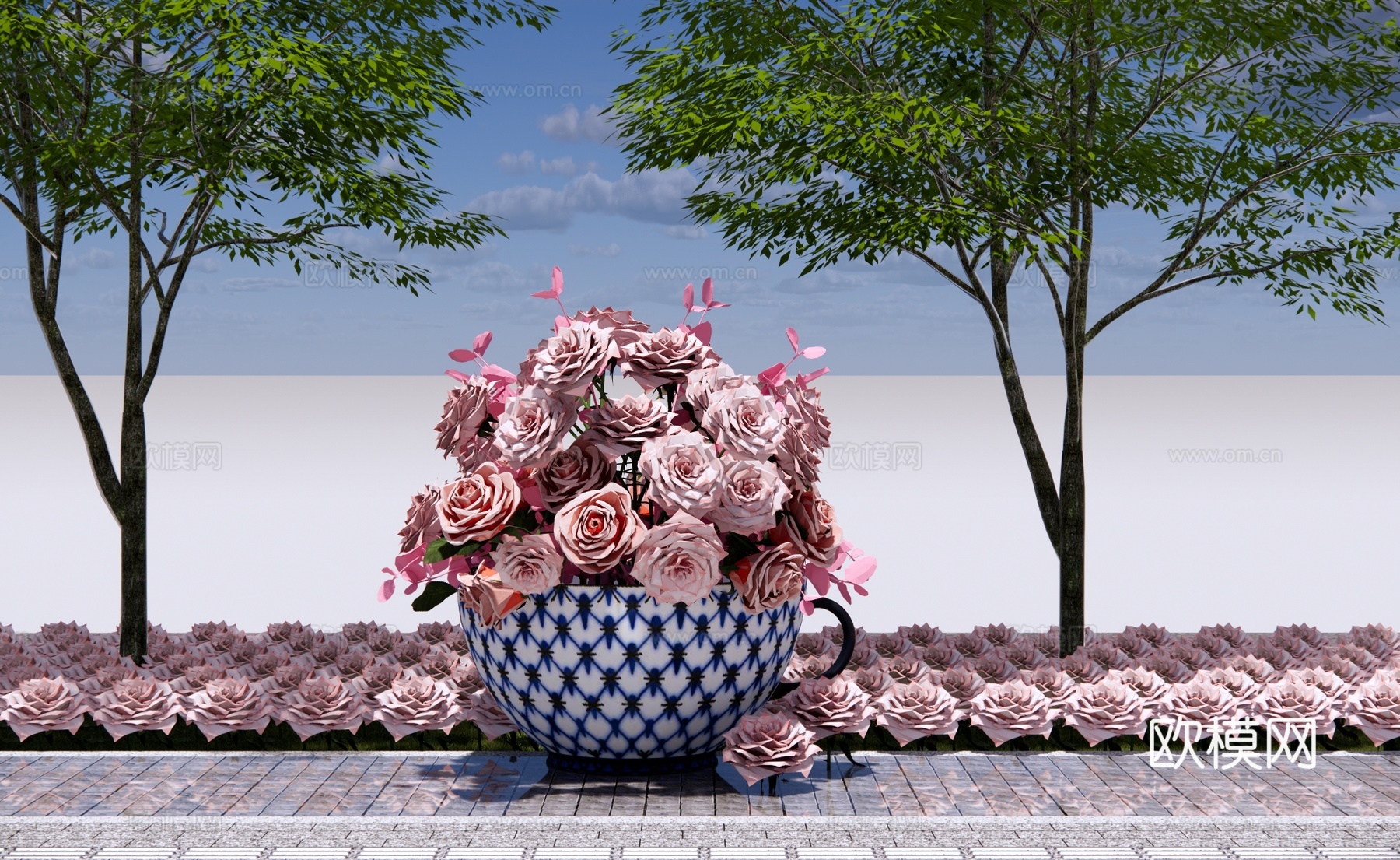 现代茶杯花盆美陈 粉色玫瑰花美陈 浪漫花展 玫瑰花 园艺小品su模型