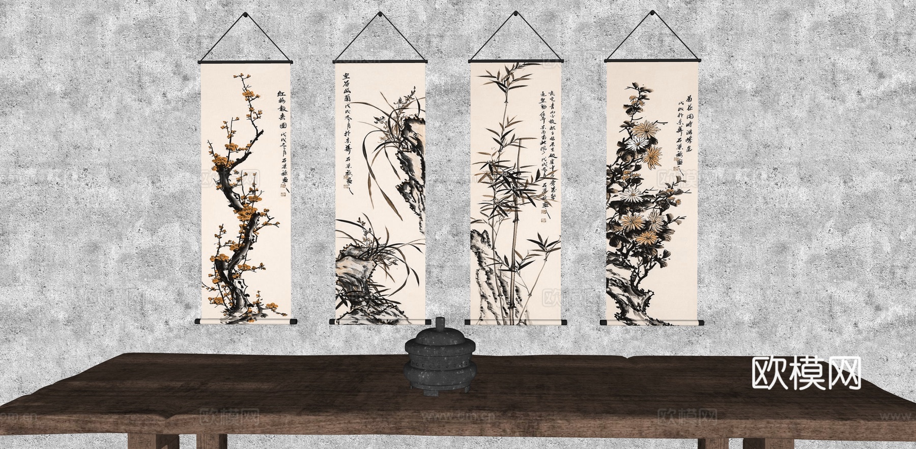 国画 转轴画 中式装饰挂画 字画卷画 水墨字画 梅兰竹菊su模型