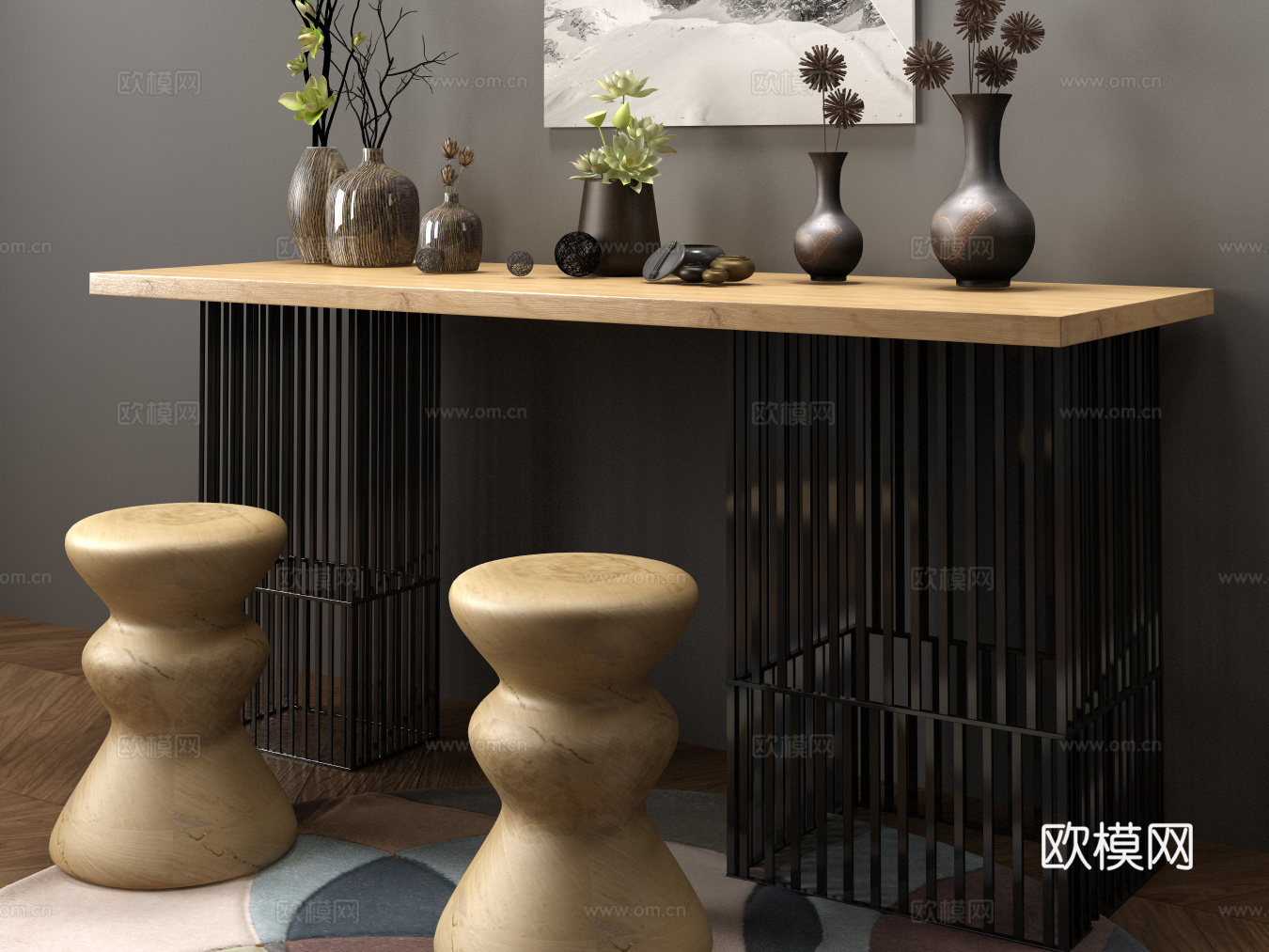 新中式装饰桌圆凳地毯饰品挂画3d模型