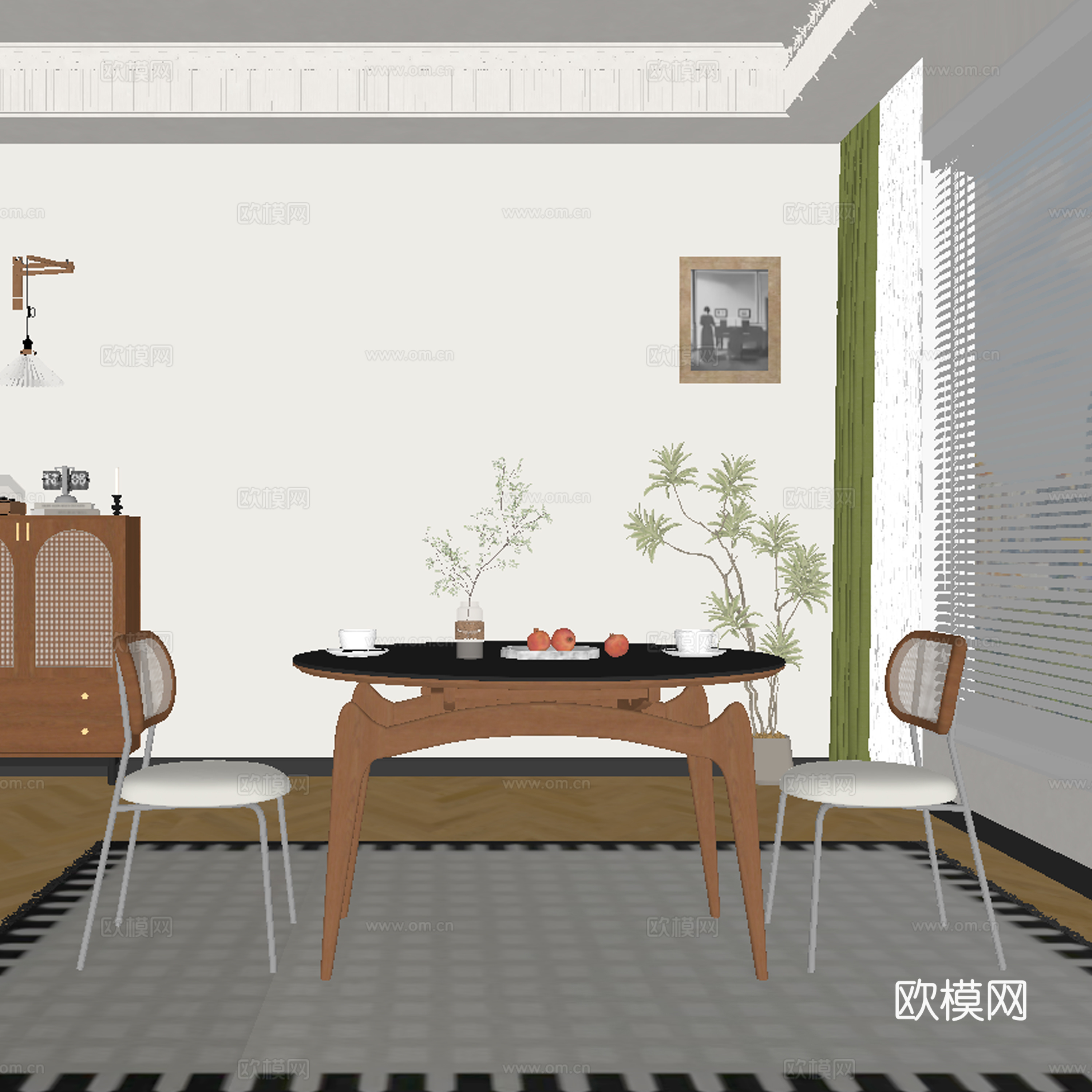 现代中古风餐厅 餐桌椅su模型