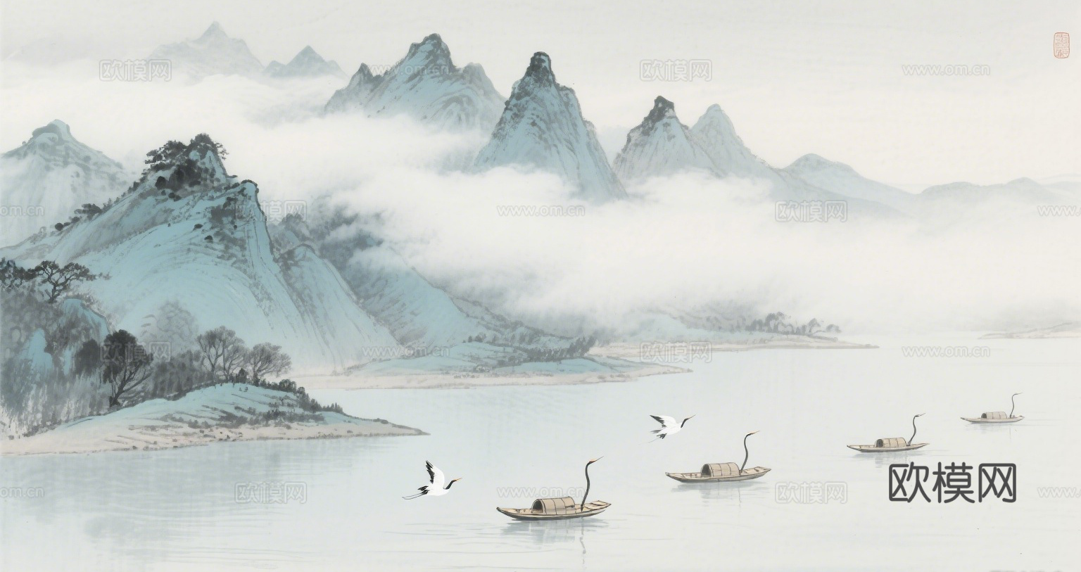 中古侘寂宋代美学山水国画 山峰云雾围绕水墨山水画