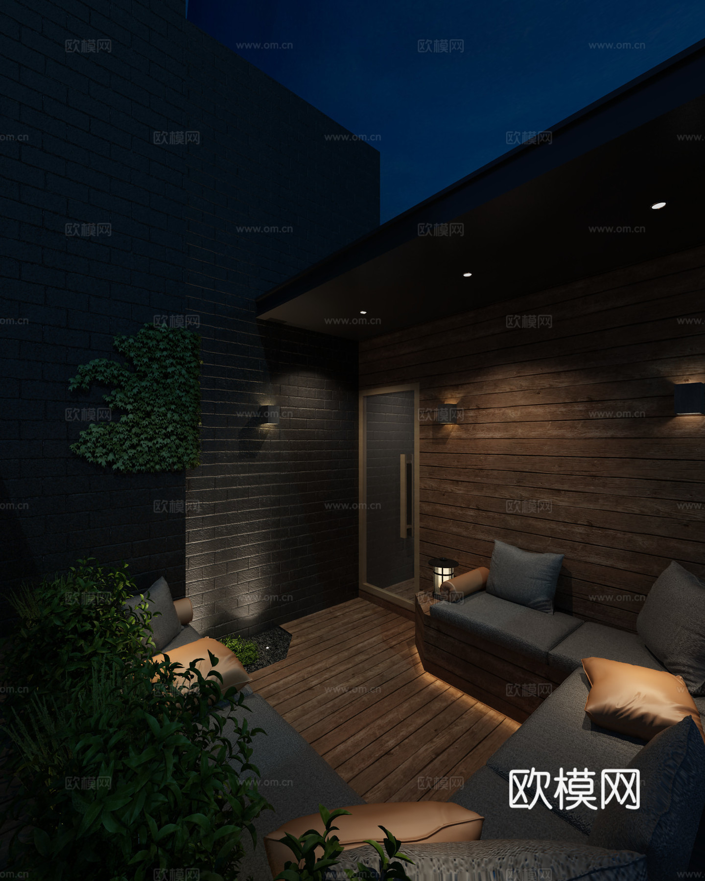 现代阳台景观 夜景 露台 花园 植物  卡座  防腐木3d模型