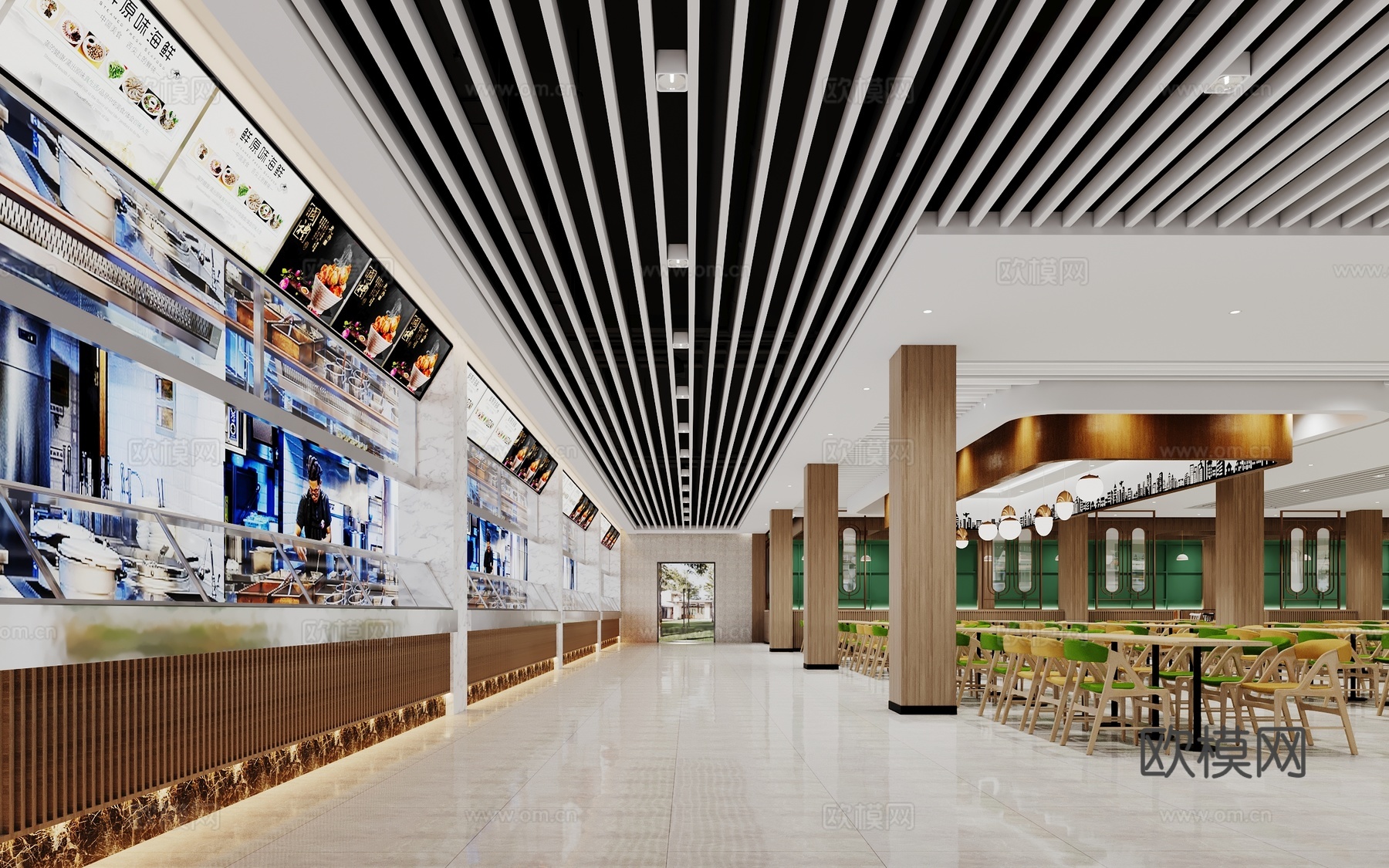 现代食堂餐厅餐桌餐椅吊灯饭堂快餐大厅3d模型