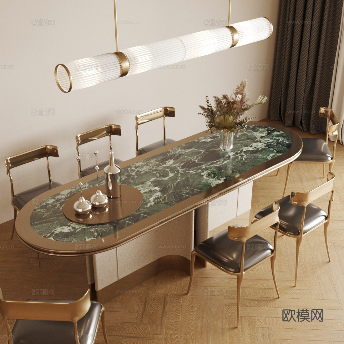 意式轻奢餐桌椅 大理石餐桌 轻奢餐椅 意式餐椅 餐桌摆件组合3d模型