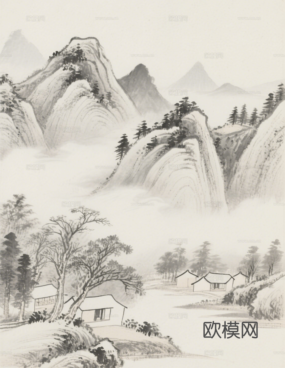 中古侘寂宋代美学山水国画 山峰云雾围绕水墨山水画