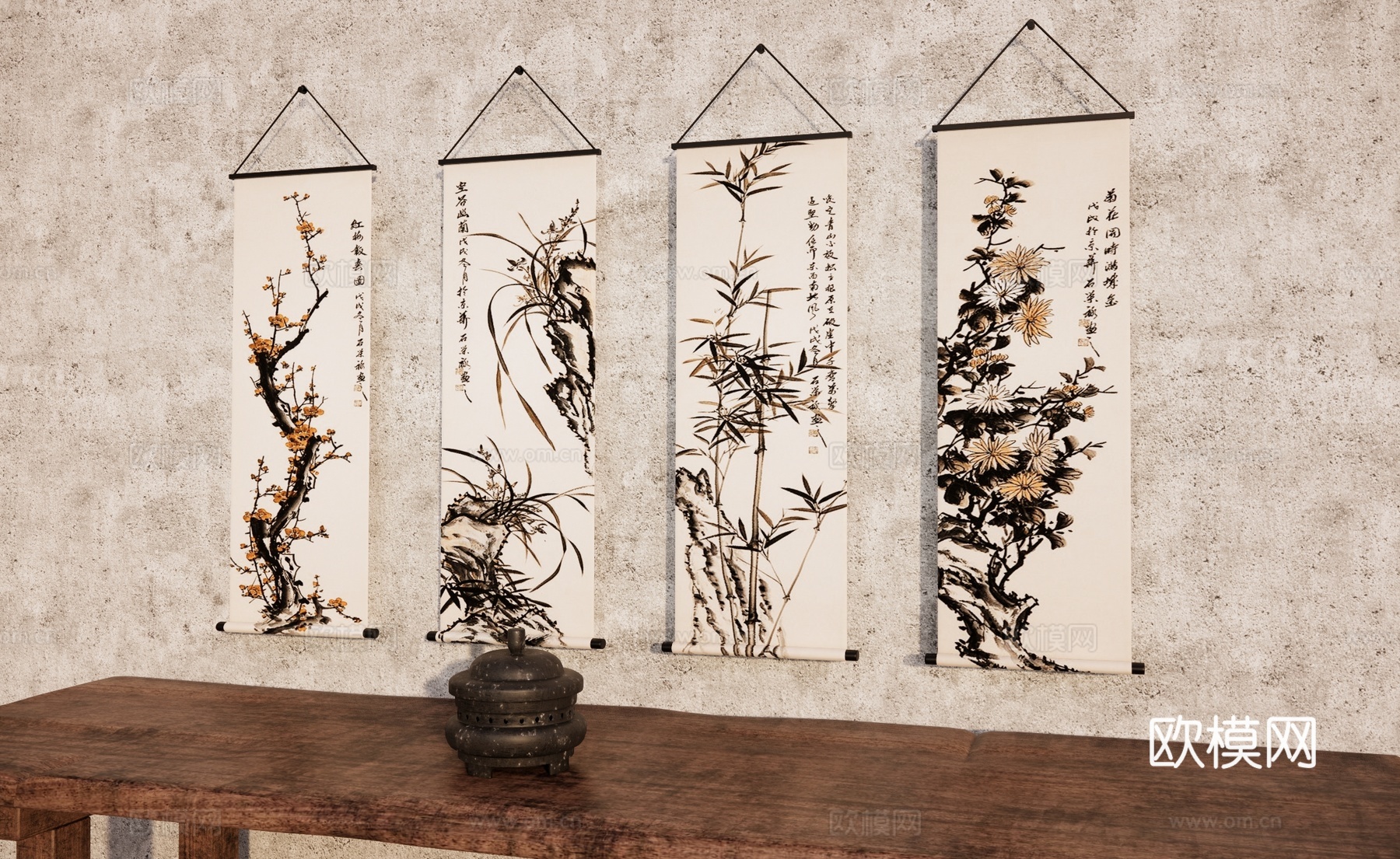 国画 转轴画 中式装饰挂画 字画卷画 水墨字画 梅兰竹菊su模型