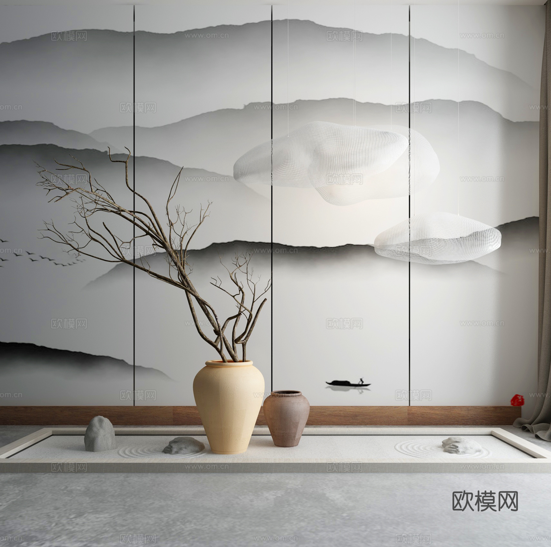 中式禅意枯山水石 陶罐3d模型