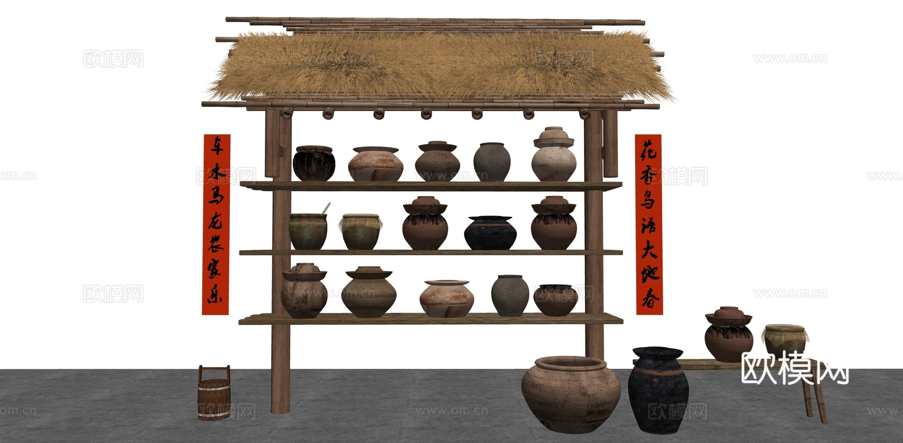 中式庭院小品 中式罐子木架 陶罐小品 园艺小品 陶盆 器皿摆su模型