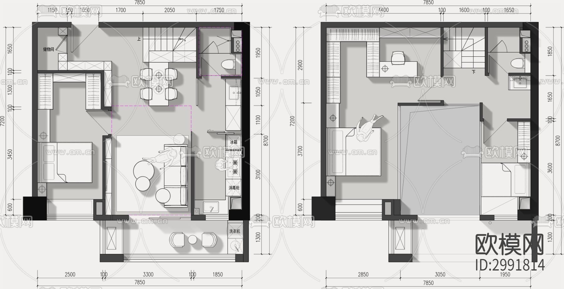 90平方户型复式公寓设计cad平面图下载