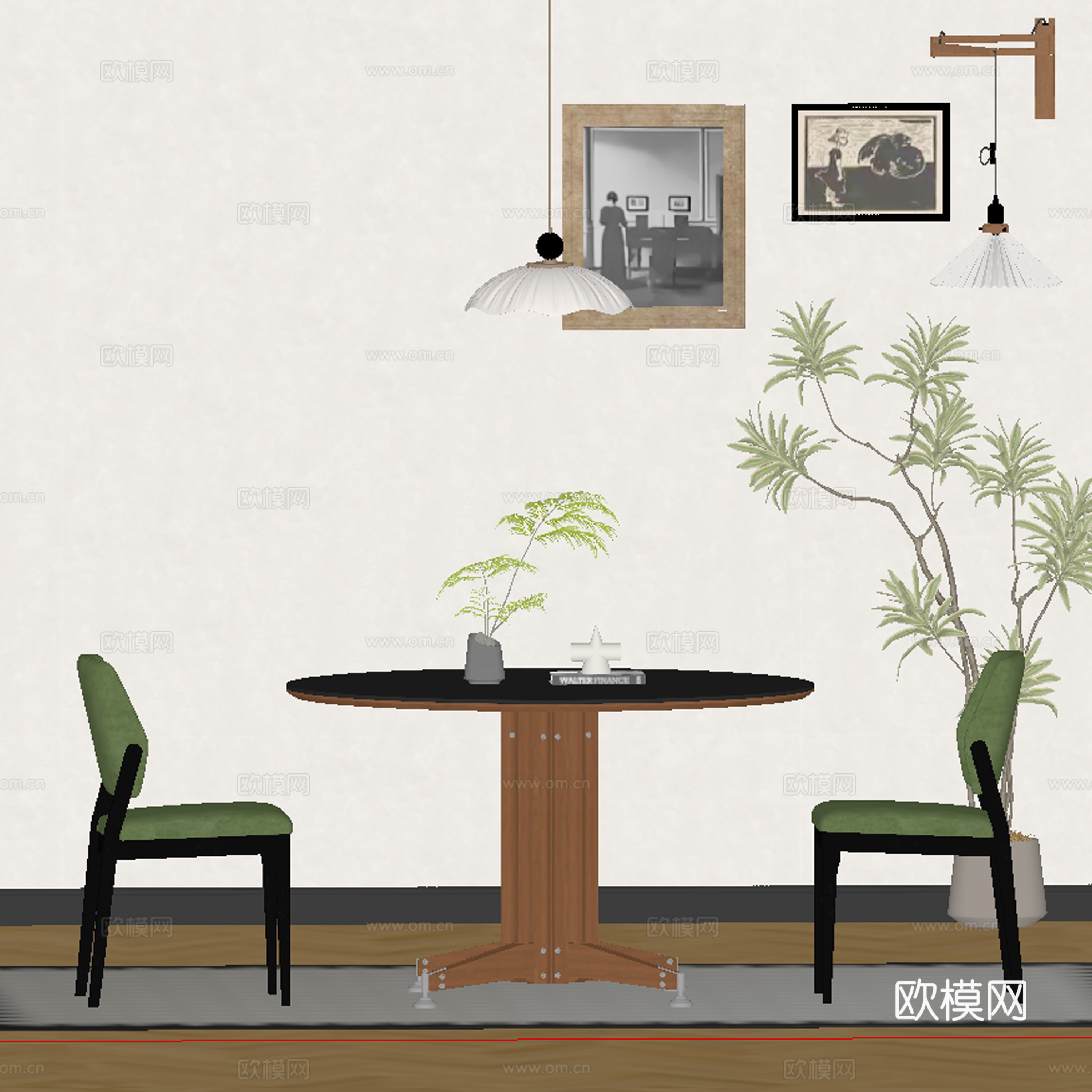现代中古风餐厅 餐桌椅su模型