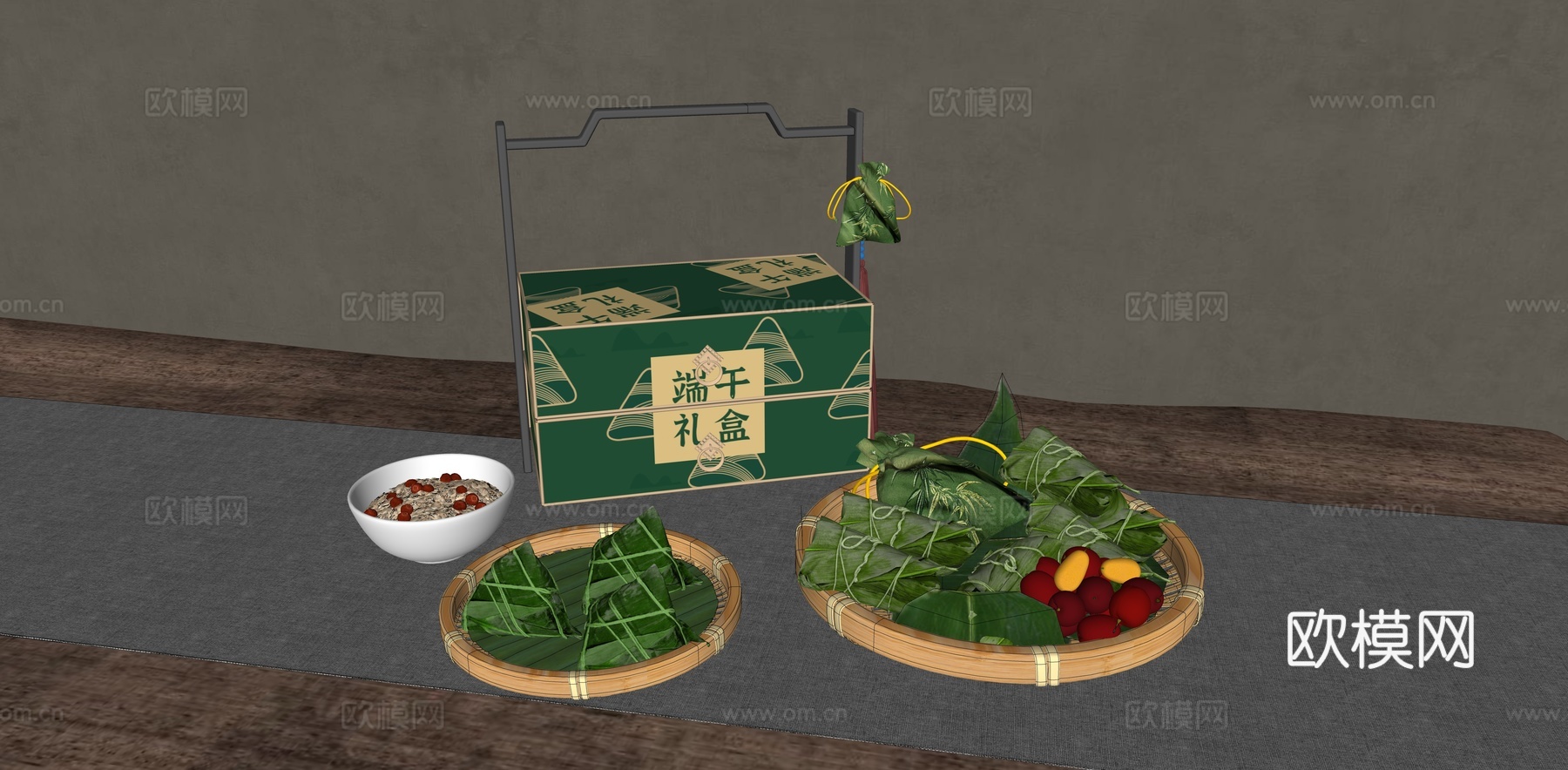 端午节礼盒 中式食盒 粽子 三角粽 中式糕点 竹叶竹簸箕su模型