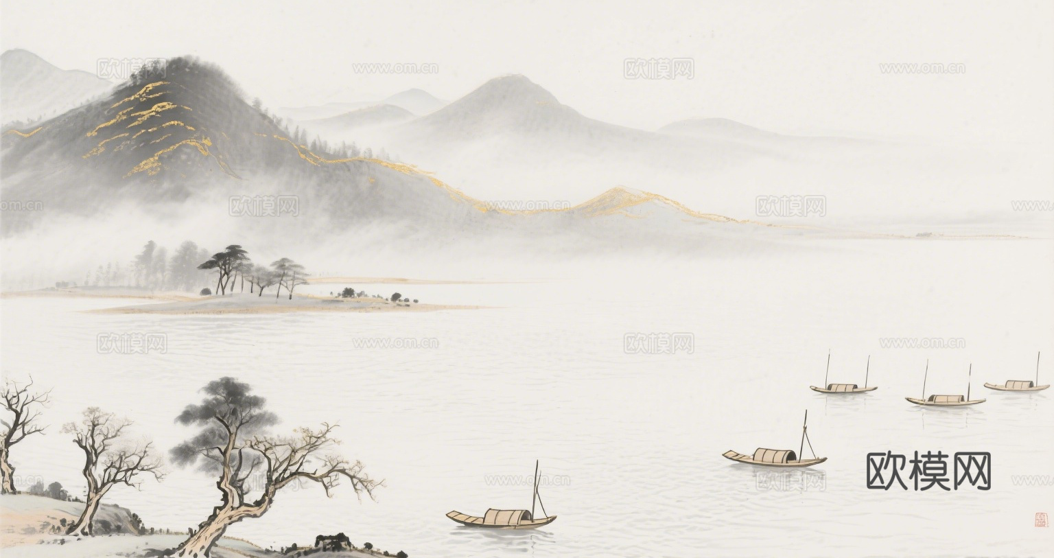 中古侘寂宋代美学山水国画 山峰云雾围绕水墨山水画