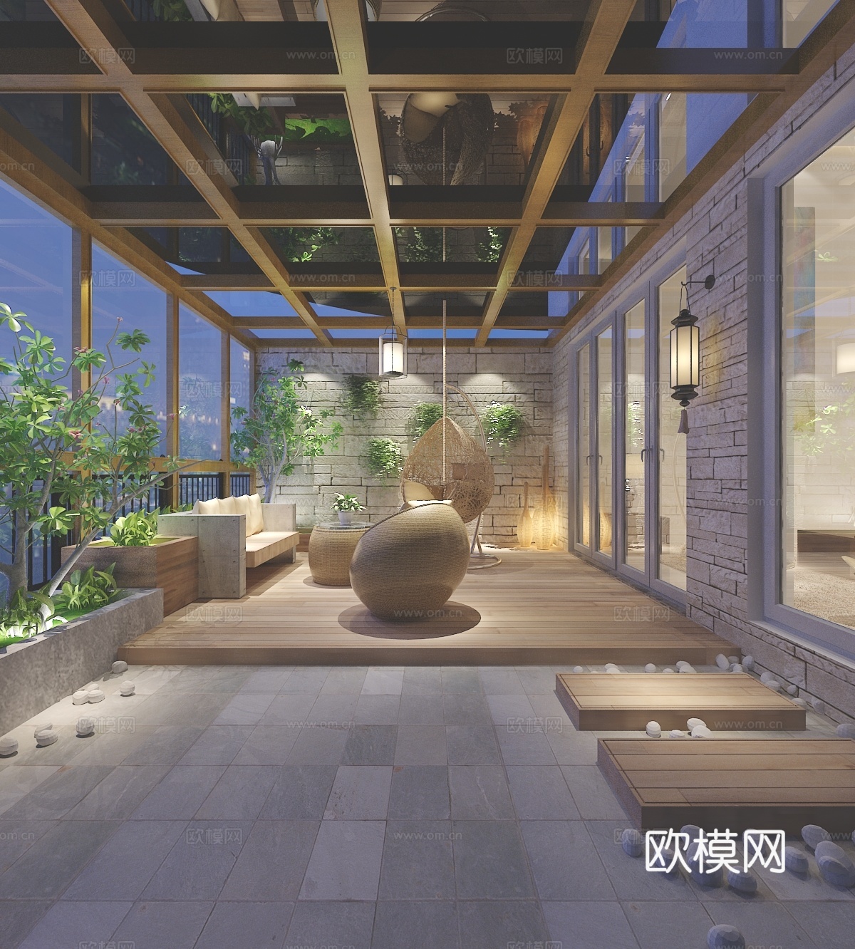 美式田园花园露台 绿植 壁灯 植物墙 藤编沙发 吊椅3d模型