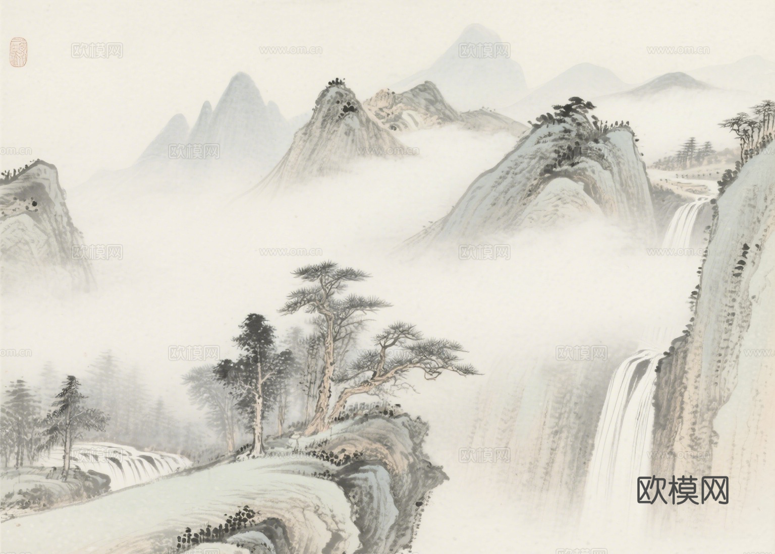 中古侘寂宋代美学山水国画 山峰云雾围绕水墨山水画