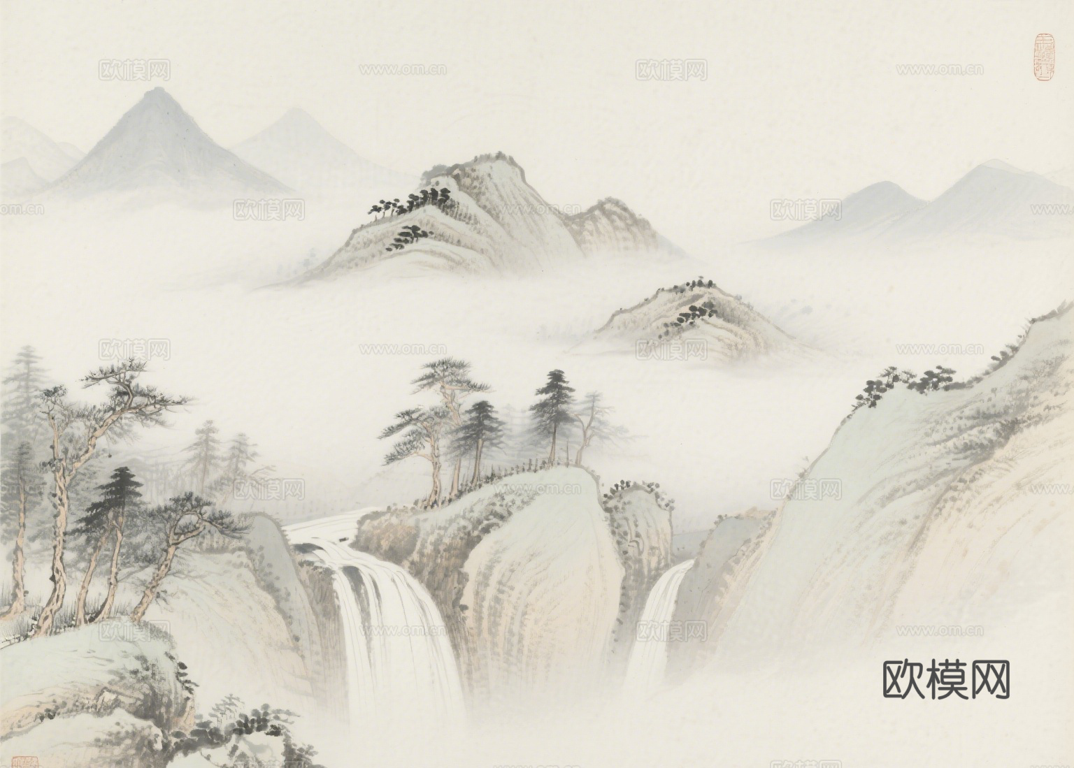 中古侘寂宋代美学山水国画 山峰云雾围绕水墨山水画