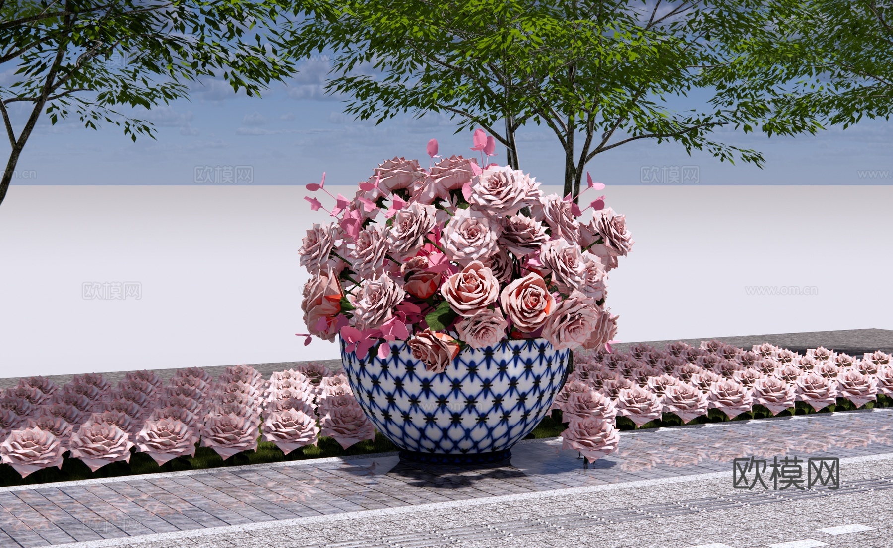 现代茶杯花盆美陈 粉色玫瑰花美陈 浪漫花展 玫瑰花 园艺小品su模型